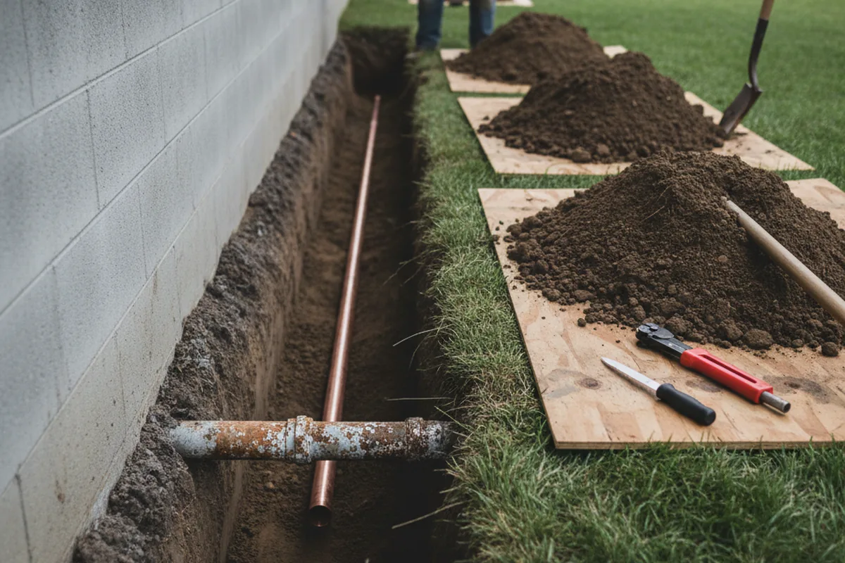 Excavated water line trench during Water Softener Installation in New Weston